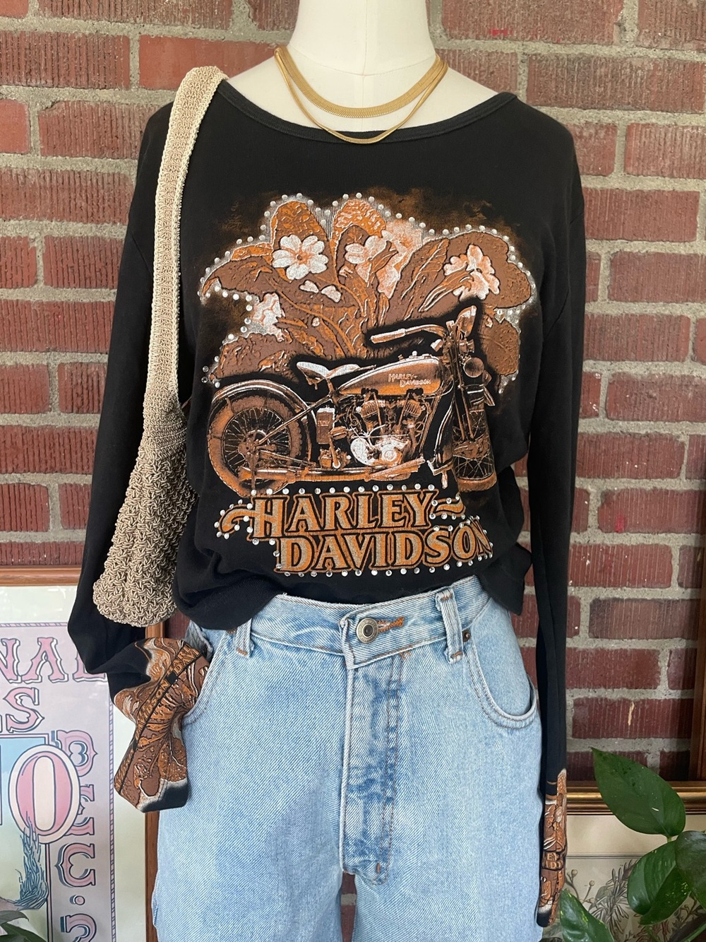 Harley-Davidson Black Tee with Orange & Cream Motorcycle Floral Graphic
